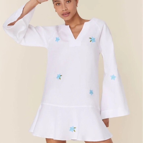 Andie x Fanm Mon The Serik Mini Dress Linen Embroidered Floral White Medium - Picture 2 of 13